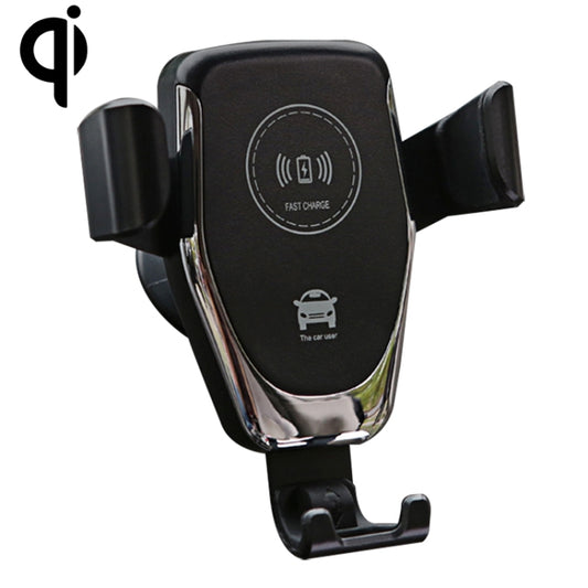 Black car air outlet wireless charger mount with Qi charging logo and side clamps