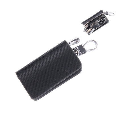 Carbon fiber texture leather key wallet with zipper and metal key ring loop