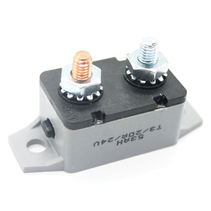 40A manual reset circuit breaker with copper and silver screw terminals on mount base