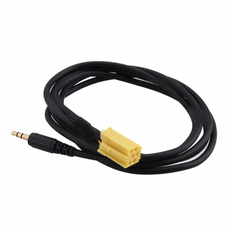 Black AUX adapter cable with gold 3.5mm plug and yellow connector