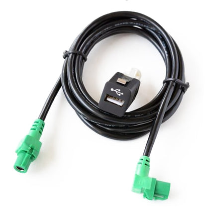 Car USB interface wiring harness with black cable, USB port module and green connectors