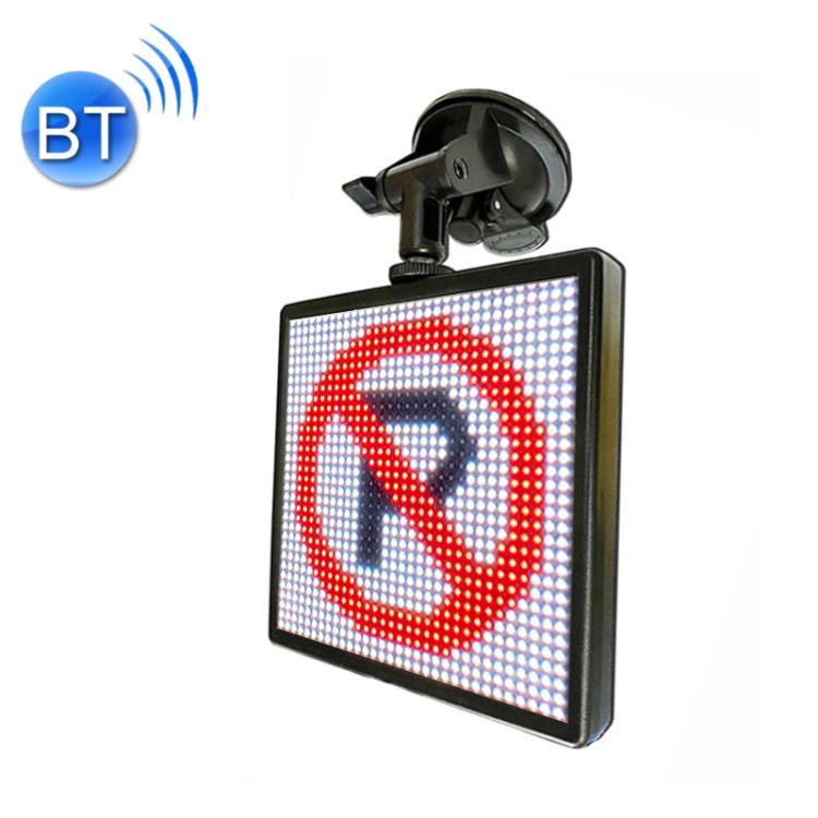 Black-framed 32x32 LED car sign with Bluetooth mount showing red prohibition icon