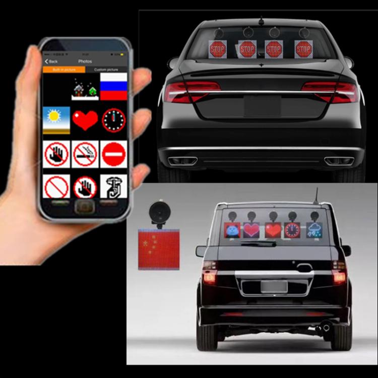 Bluetooth app-controlled 32x32 LED car sign shown on a phone and rear view
