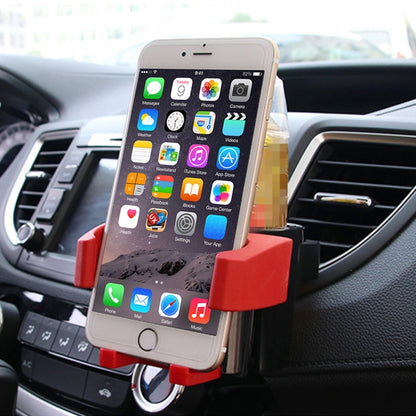 Red and black car air vent phone and drink holder mount, phone clipped in place