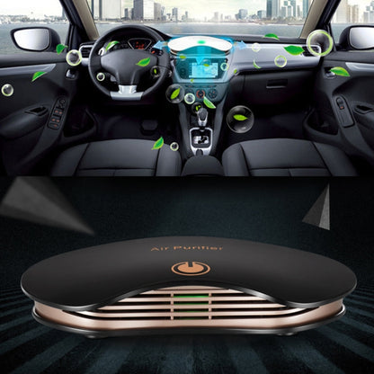 Black car air purifier with top vent grille and circular power icon on base