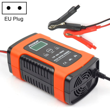 Orange battery pulse charger with EU plug, LED display, and red/black alligator clips