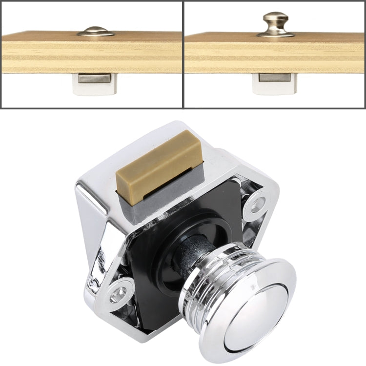 Press type cabinet door latch with round release button and metal mounting plate
