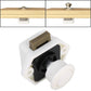 White press-to-release cabinet latch with black insert and round light knob