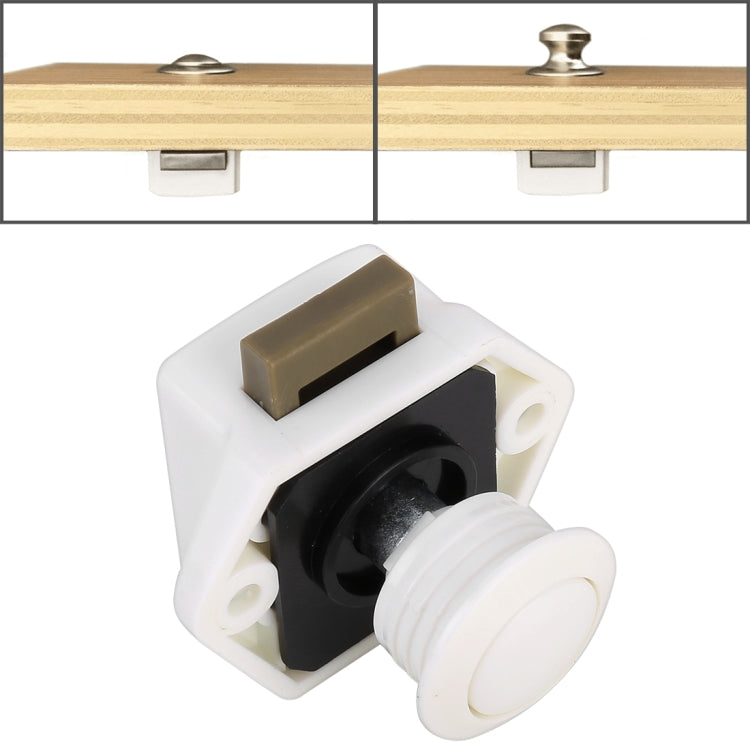 White press-to-release cabinet latch with black insert and round light knob