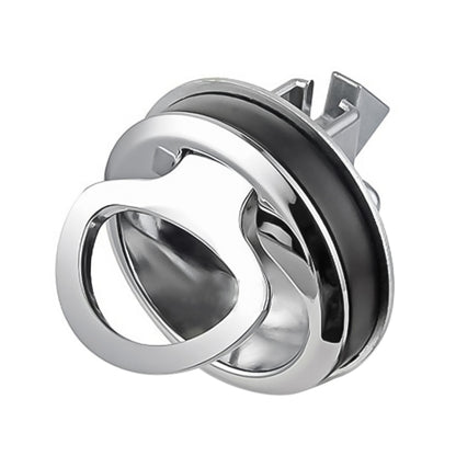 Chrome door catch release latch, circular cup design with dark outer ring
