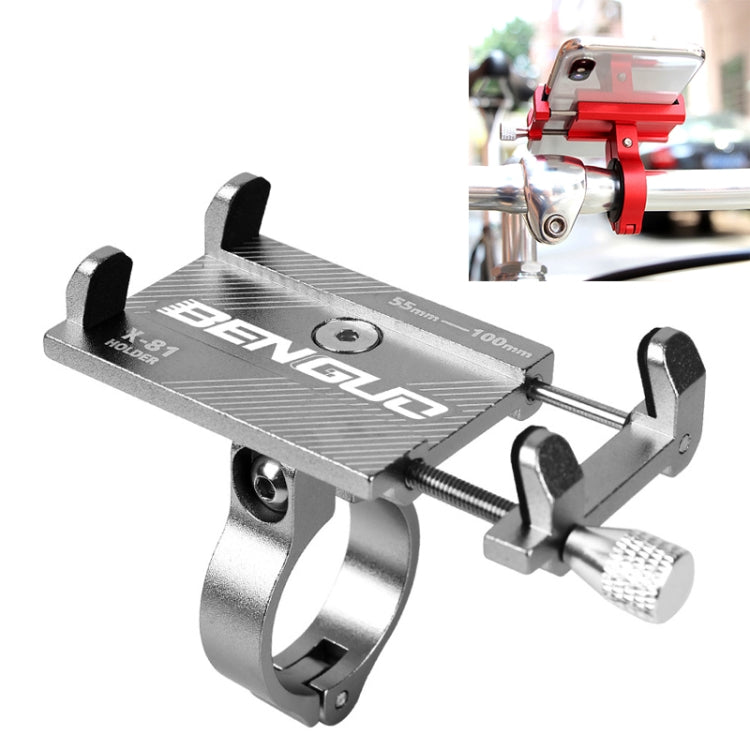 Silver motorcycle phone bracket with metal clamp and adjustable handlebar mount