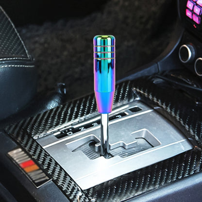Colorful metallic gear shift knob with long cylindrical shape and rainbow finish