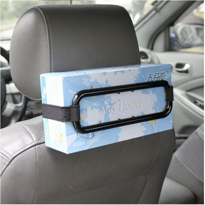 Black car tissue box holder with adjustable fabric strap and windowed frame