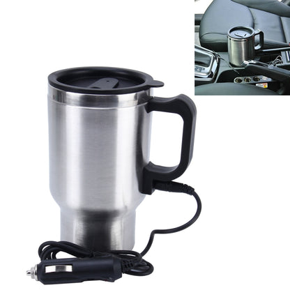 Stainless steel heated travel mug with black lid and handle, 12V car charger cable