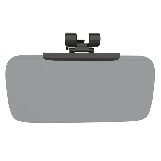 Car anti-glare sun visor panel with dual black supports, gray tinted surface