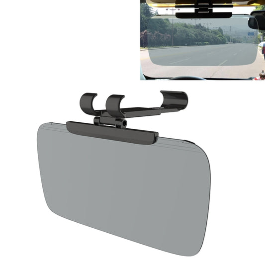 Car anti-glare sun visor panel with black mounting clips, gray tinted surface