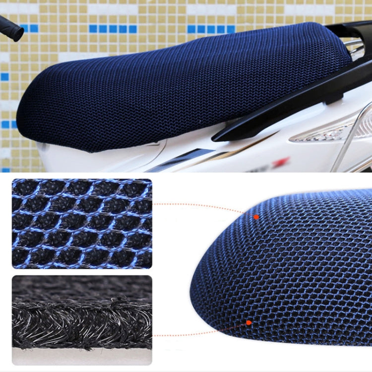 Blue motorcycle seat cover, curved cushion style with textured mesh top.
