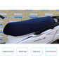 Blue motorcycle seat cover on scooter seat with ventilation, non-slip, waterproof callouts.