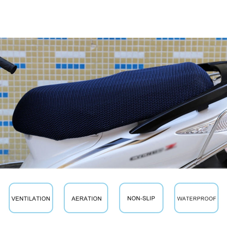 Blue motorcycle seat cover on scooter seat with ventilation, non-slip, waterproof callouts.
