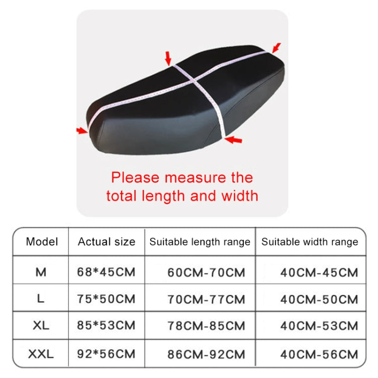 Motorcycle seat cover size chart for L, showing cover shape with length and width arrows.