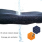 Blue motorcycle seat cover close-up with hex mesh texture and water spray.