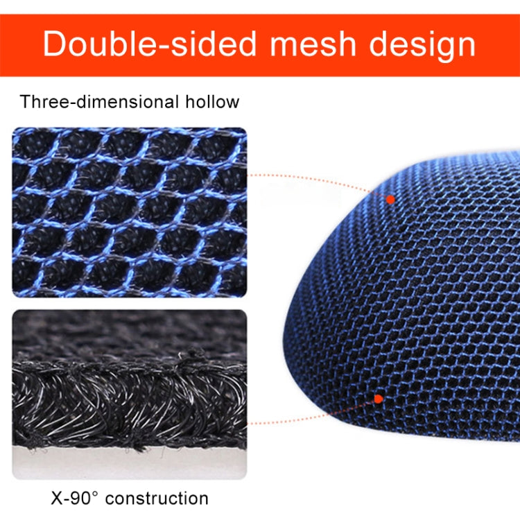 Blue motorcycle seat cover with double-sided mesh design and textured hex pattern.