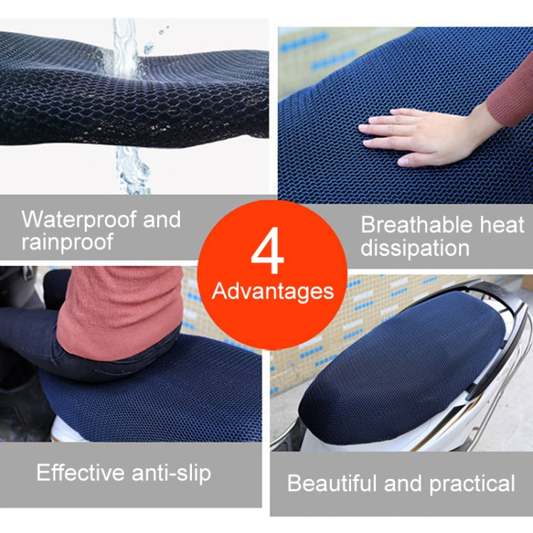 Blue motorcycle seat cover on scooter seat with water spray and anti-slip display panels.