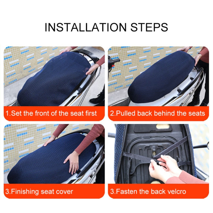 Blue motorcycle seat cover installation steps on scooter seat with hands adjusting cover.