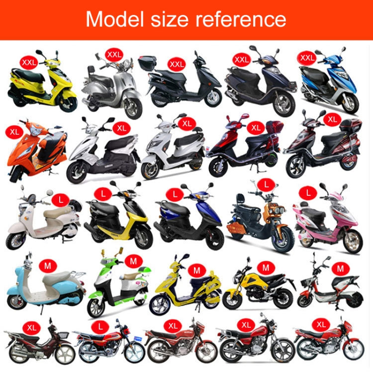 Motorcycle seat cover model size reference chart with scooter silhouettes.