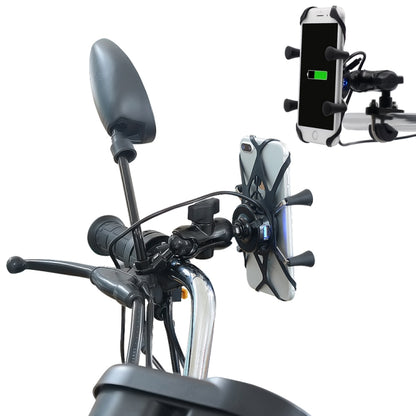 Motorcycle phone mount with black holder and charging cable attached to handlebar clamp