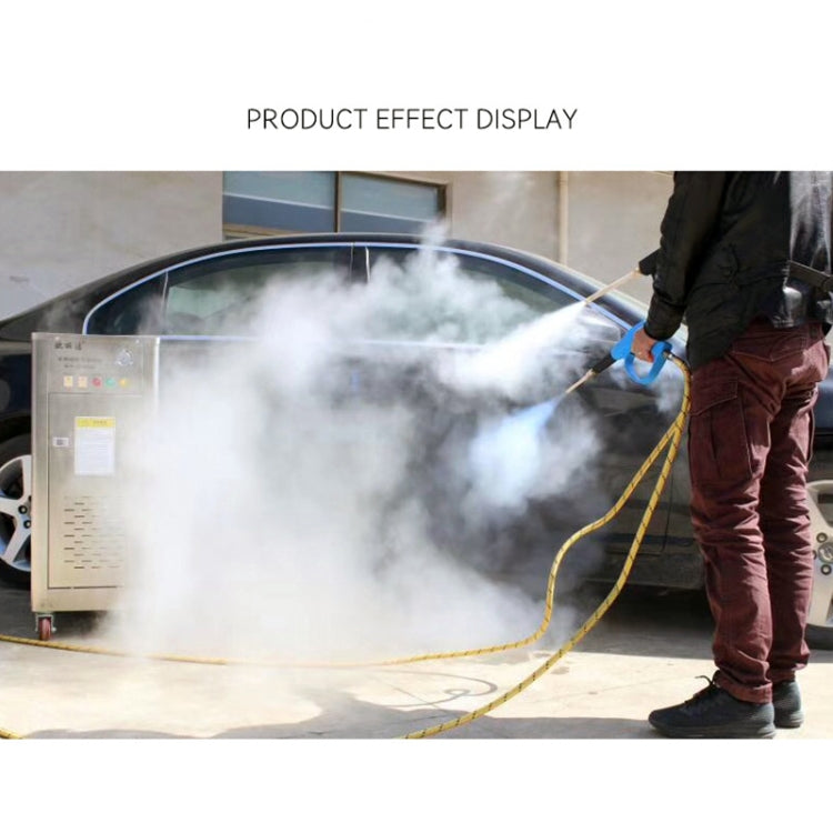 Steam water gun spraying mist, held by a worker with black grip and metal nozzle