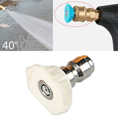 Pressure washer nozzle attachment with blue 40-degree jet tip on spray gun