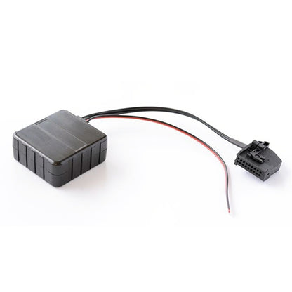 Car audio wiring harness with Bluetooth adapter module, red/black wires, two connectors