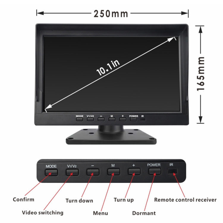 10-inch AHD monitor with camera control buttons and size diagram