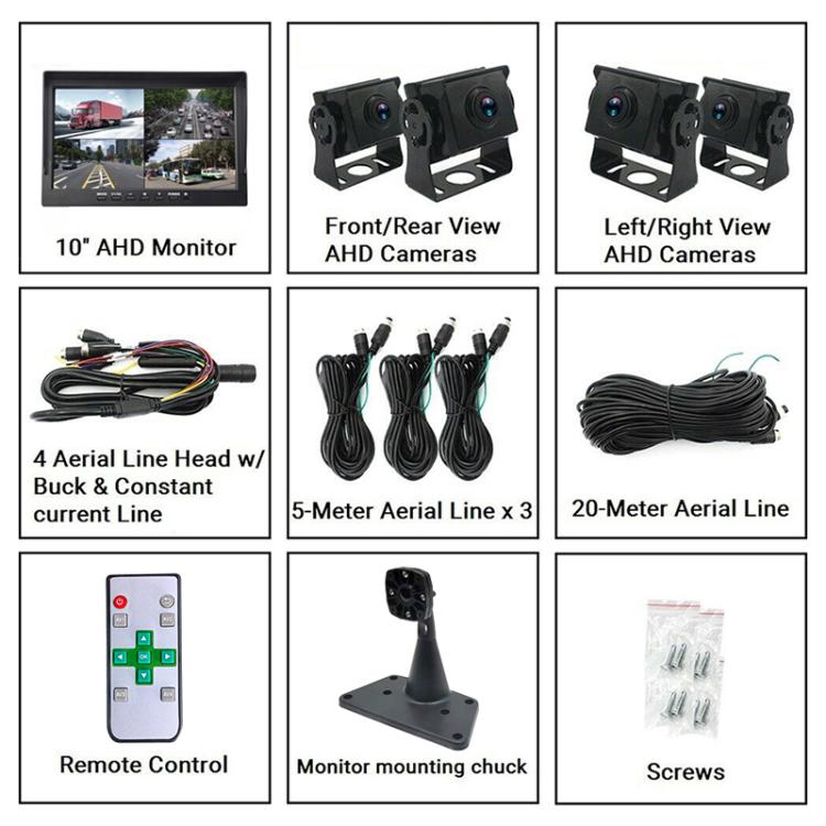 Camera kit accessories: 10-inch AHD monitor, four AHD cameras, wiring, remote