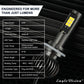 Close-up of silver LED fog light bulb with rectangular LED chips and cooling fins