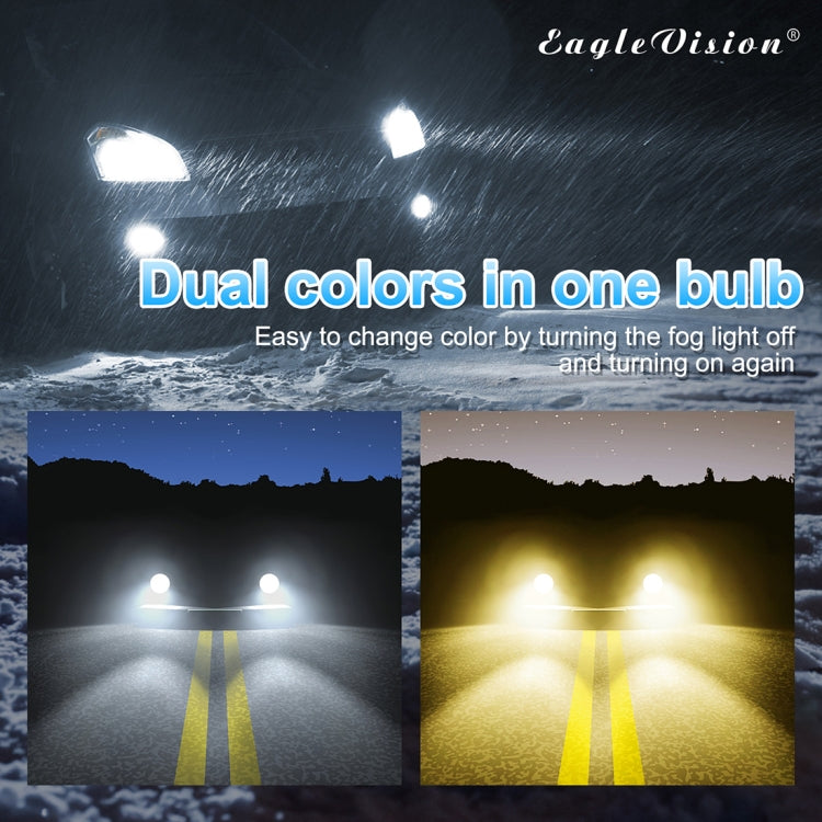 Dual-color fog light beam showing blue-white and amber illumination on the road