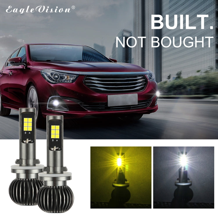 Two LED fog light bulbs with dual-color beam glow shown on a car front