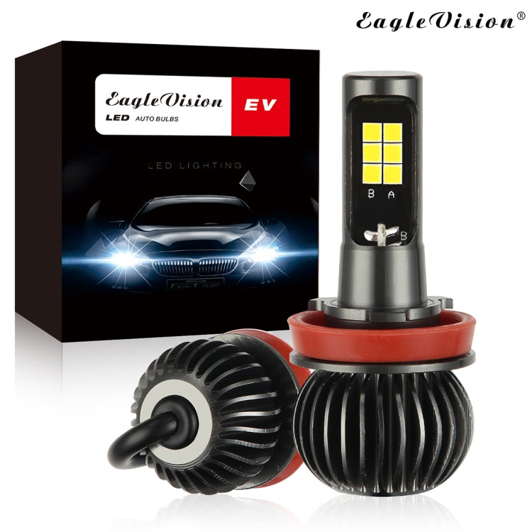 Dual-color LED fog light bulb set with black housing, red ring, and retail box.