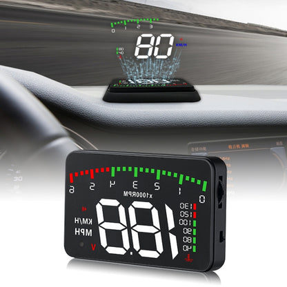 3.5-inch black head-up display unit showing speed and gauge lines in red and green.