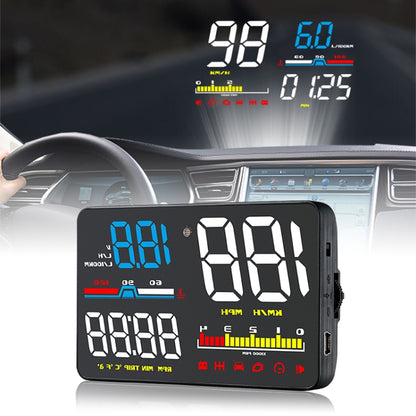 5-inch vehicle HUD display unit showing speed and engine data with multicolor readouts