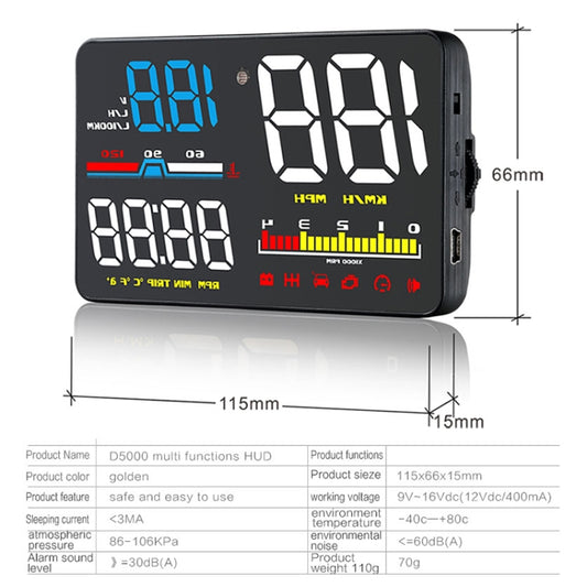 D5000 OBD2 5 inch Vehicle-mounted Head Up Display Security System, Support Car Speed / Engine Revolving Speed Display / Water Temperature / Battery Voltage / Detection and Elimination Fault Code, D5000