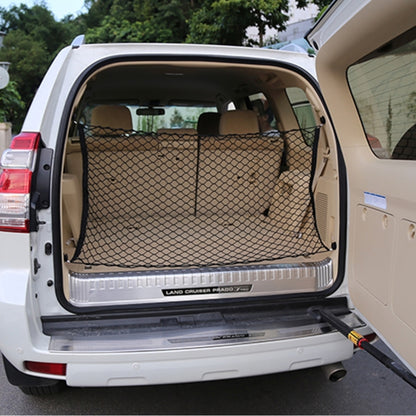 Black mesh trunk cargo organizer net with hooks for SUV or van rear door