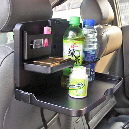 Back seat dining tray with cup holders and side compartments holding bottles