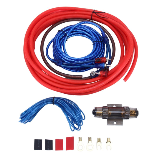 Car power wire cable kit with red copper-clad cables, blue wire coil, fuse holder