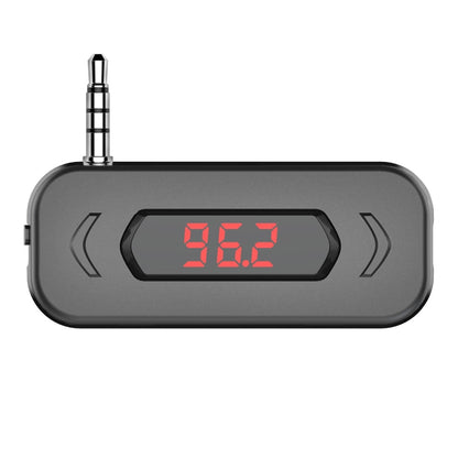Car FM transmitter with 3.5mm plug and red LCD display, dark gray body