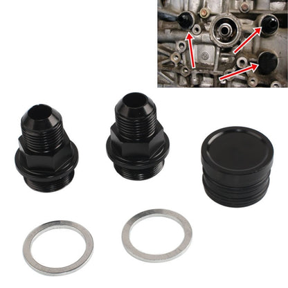 Black engine rear block breather fitting adapter set with washers and caps