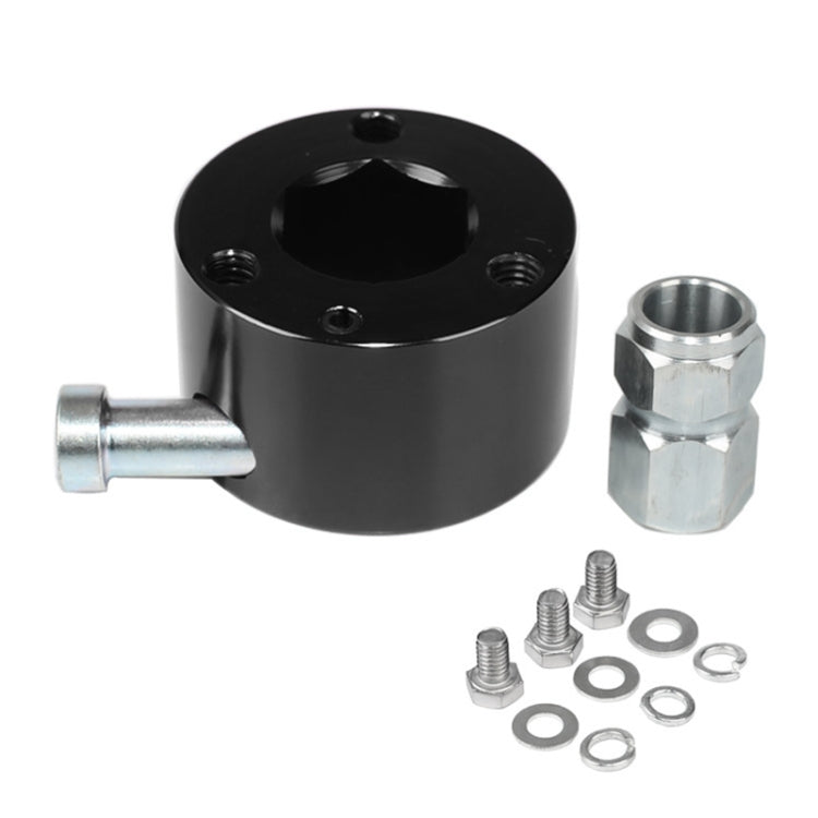 Black universal steering wheel quick-release hub with 3/4 in shaft adapter and hardware set
