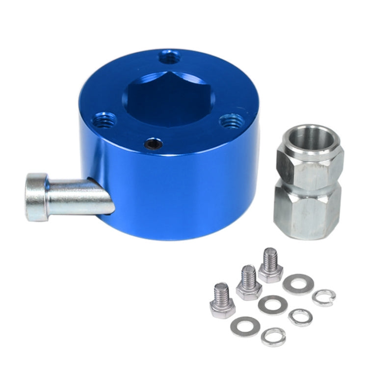 Blue universal steering wheel quick-release hub with 3/4 in shaft adapter and mounting parts