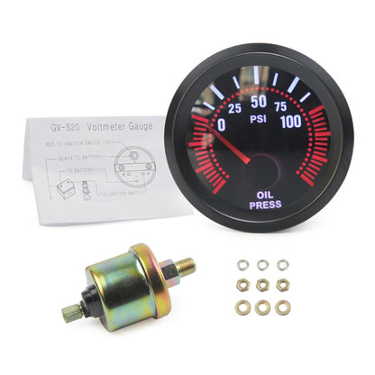 Oil pressure gauge kit with black 52mm dial, red/blue markings, and included fittings